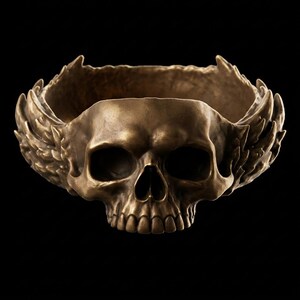 May include: A bronze-colored bowl shaped like a human skull with stylized wings extending from the sides. The bowl features a hollow interior and a detailed anatomical skull structure with deep eye sockets, a nasal cavity, and visible teeth.