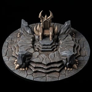 May include: A circular diorama base featuring a central elevated throne with pointed accents, surrounded by jagged rock formations and layered stone steps. The entire structure is rendered in shades of dark gray and brown with textured surfaces.