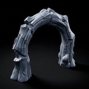 May include: A light gray, arched sculpture featuring a textured, wood-like grain pattern with deep, jagged cracks running across the surface. The structure is composed of segmented, weathered-looking pieces that form a continuous, curved bridge shape.