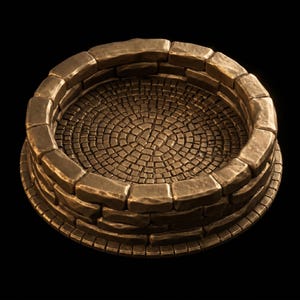 May include: A circular bronze-colored stone well structure featuring a raised wall made of stacked rectangular blocks and a base floor composed of small, tightly arranged cobblestones in a radial pattern, presented against a black background.