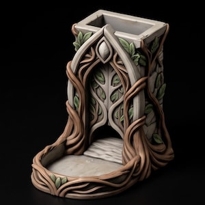 May include: A gray dice tower featuring a sculpted archway entrance and a base tray. The structure is adorned with brown, winding tree roots and small green leaves that wrap around the stone-like exterior, creating a textured, organic appearance.