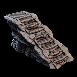 May include: A miniature staircase model featuring a series of five steps with metal-look mesh treads integrated into a rocky, uneven terrain base. The structure is rendered in a monochromatic brown tone with detailed textures on the stone.
