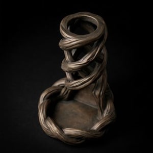 May include: A dark brown, cylindrical holder featuring a textured, intertwined vine-like design that forms a lattice pattern around the upper section and a solid, circular base at the bottom, creating an open, cage-like structure for storage.