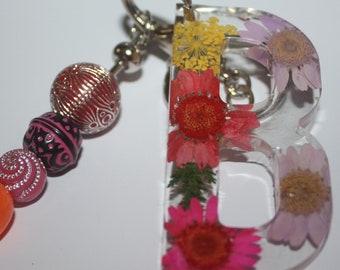 Resin Beaded Initial Key Chain with Dried Flowers