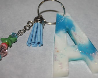 Resin Initial keychain with beads