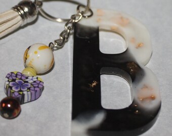 Resin Marbled Initial keychain with beads