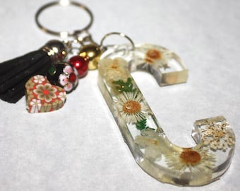 Resin initial Key Chain with dried flowers