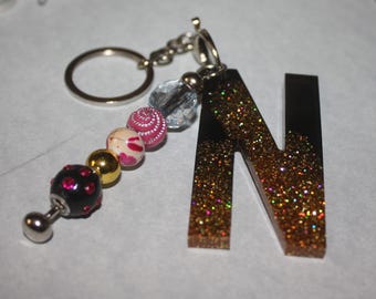 Resin Initial Keychain black with gold holographic glitter