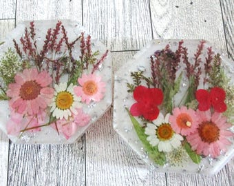 Dried floral coasters pink and white octagon shape