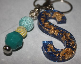Resin Initial Key chain blue with gold flakes beads