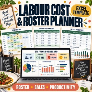 Könnte beinhalten: Eine Excel-Vorlage für Personalkosten- und Dienstplanung auf einem Laptop-Bildschirm, die ein Dashboard mit Diagrammen, Tabellen und Daten zeigt. Dazu gehören ausgedruckte Blätter für Dienstpläne, Personalkostenanalysen und Produktivitätsdaten.