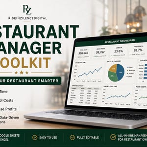 May include: A laptop displaying a Restaurant Manager Toolkit dashboard with financial metrics, sales charts, and expense summaries. The screen shows data including total sales, gross profit, and food costs. Text includes Restaurant Manager Toolkit.