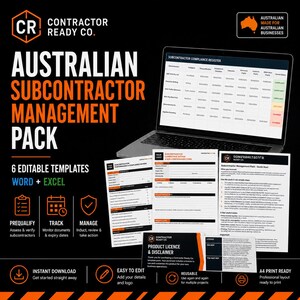 Op de afbeelding: Een Australisch onderaannemer-beheerpakket met zes bewerkbare Word- en Excel-sjablonen. De set bevat een compliance-register op een laptopscherm, prestatiebeoordelingsformulieren en een snelstartgids voor professioneel gebruik.