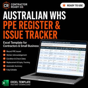 Puede incluir: Una plantilla digital de Excel para un registro y seguimiento de EPI WHS australiano en la pantalla de un portátil. El gráfico incluye el texto Contractor Ready Co., Ready to Use, y enumera funciones como el registro de EPI emitidos.