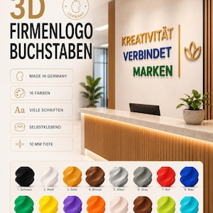 Könnte beinhalten: 3D Firmenlogo Buchstaben mit 10 mm Tiefe, made in Germany. Der Schriftzug KREATIVITÄT VERBINDET MARKEN ist in Gold, Blau und Grün dargestellt. Eine Farbpalette zeigt 16 Optionen: Schwarz, Weiß, Gold, Bronze, Silber, Grau, Rot, Blau, Grün, Gelb, Lila, Orange, Beige, Braun, Hellgrün und Türkis.