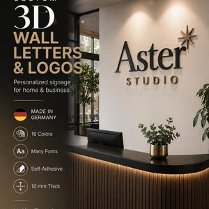 Könnte beinhalten: Individuelle 3D-Wandbuchstaben und Logos mit dem Schriftzug Aster Studio und einem Sternsymbol. Das Produkt bietet 16 Farben, verschiedene Schriftarten, eine selbstklebende Rückseite und eine Stärke von 10 mm. Die Beschilderung ist an einer Wand montiert.