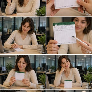 May include: A white notepad designed to resemble a Microsoft Excel spreadsheet interface with a green header bar, grid lines, and column letters A through I, held in a hand alongside a white pen for writing tasks in an office environment.