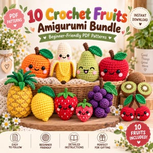 May include: A collection of ten crocheted amigurumi fruits including a pineapple, orange, banana, pear, apple, lemon, strawberry, grape cluster, kiwi, and cherries. Each fruit features a smiling face with black eyes and pink cheeks.