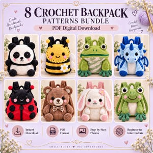 Puede incluir: Un paquete de descarga digital con 8 patrones de mochila de ganchillo. La imagen muestra ocho mochilas con formas de animales, incluyendo un panda, una abeja, una rana, un dragón, una mariquita, un oso, un conejo y otra rana, hechos con hilo.