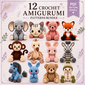 Puede incluir: Un gráfico digital que presenta 12 patrones de ganchillo amigurumi, incluyendo un elefante, gato, oso, zorro, mono, pájaro, conejo, cebra, caballo, criatura azul, oso marrón y muñeco de nieve, con el texto 12 CROCHET AMIGURUMI PATTERNS BUNDLE PDF.