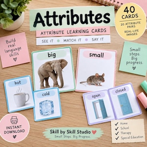 Op de afbeelding: Een set van 40 educatieve kaarten voor het leren van attributen met realistische afbeeldingen. De kaarten tonen paren van tegenstellingen zoals groot en klein, warm en koud, en open en dicht. De set bevat tekstlabels en instructies.