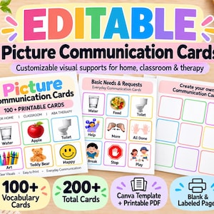 Bewerkbare communicatiekaarten met afbeeldingen, Canva-sjabloon, meer dan 100 visuele hulpmiddelen voor autisme en speciaal onderwijs.