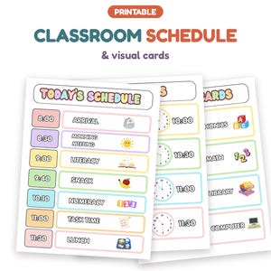 May include: A printable classroom schedule and visual cards set featuring colorful daily activity charts. The pages display times from 8:00 to 11:30 with text labels like Arrival, Morning Meeting, Literacy, Snack, Numeracy, Task Time, and Lunch.