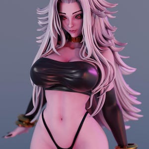 May include: A figurine of a character with long, flowing light purple hair and red eyes. The figure wears a black strapless top, black arm sleeves, and a black thong. Gold-colored metallic bands are worn around the neck and wrists.