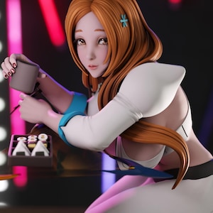 May include: A figurine of a character with long orange hair and a small blue flower accessory, wearing a white top with blue cuffs. The character is holding a grey cup and is positioned next to a small brown tray containing several pieces of sushi.