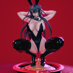 以下が含まれることがあります： 長い黒髪のキャラクターのフィギュアで、黒いバニースーツ、黒いサイハイブーツ、黒いウサギの耳を着用しています。キャラクターは、赤い背景に対して、円形のルーレットホイールの台座の上でしゃがんだポーズをとっています。