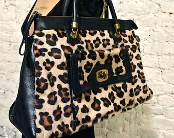 80s Genuine Leopard-Print Fur and Leather Satchel - Large