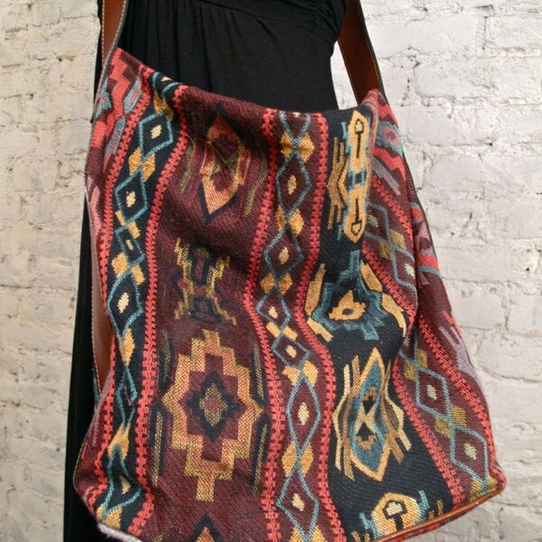 80s Awesome Kilim Southwestern Fabric Bucket Hobo Bag with Leather Strap - Huge