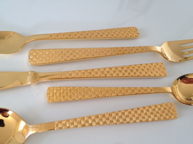 Mid Century SIS Basket Weave Gold Flatware 5piece Setting Etsy
