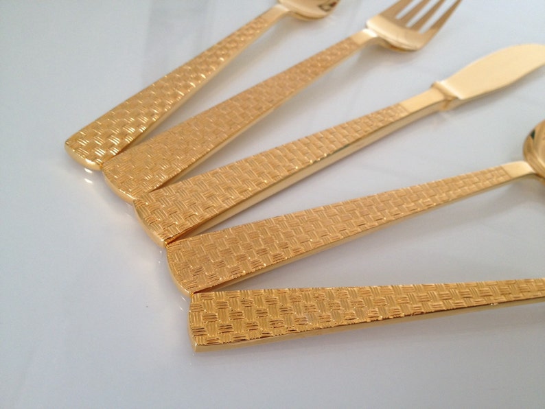 Mid Century SIS Basket Weave Gold Flatware 5piece Setting Etsy