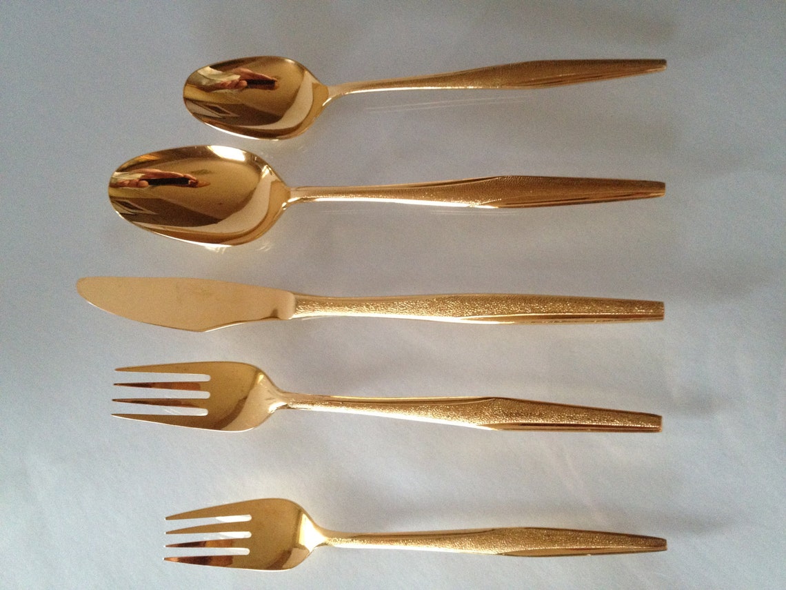 Midcentury Modern Gold Florentine Flatware for 8 Heirloom Etsy