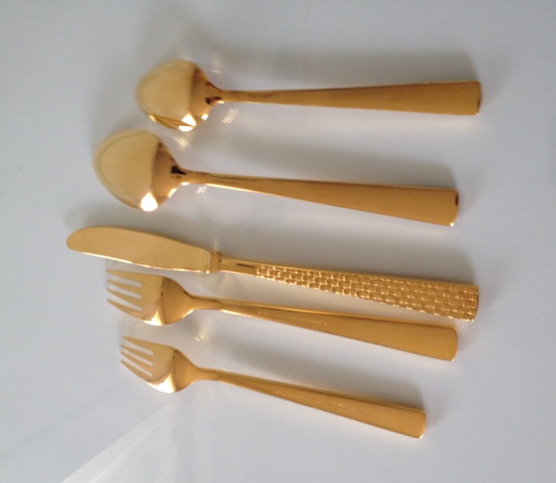 Mid Century SIS Basket Weave Gold Flatware 5piece Setting Etsy