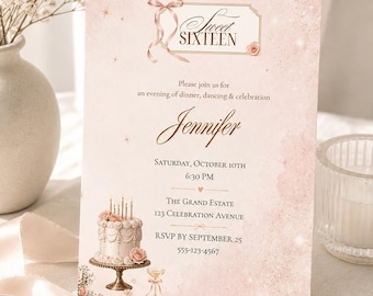 Elegant Sweet 16-inbjudan, rodnande rosa redigerbar Canvas-mall, Sweet Sixteen-födelsedagsinbjudan