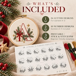May include: An embroidery kit featuring a wooden hoop with a stitched letter A, pine branches, and a gift box. Includes a printable template sheet with alphabet letters A-Z and numbers 0-9, plus red, green, and gold embroidery floss and a needle.
