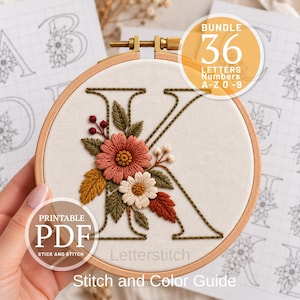 May include: A wooden embroidery hoop containing white fabric with a stitched letter K decorated with embroidered flowers in shades of coral, cream, and olive green. Text on the image includes BUNDLE 36 LETTERS Numbers A-Z 0-9 and PRINTABLE PDF.