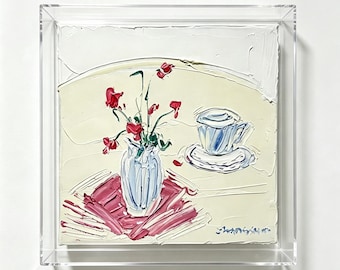 Original Square Still Life Oil Painting, Impasto Palette Knife Art, Red Flowers & Vintage Teacup, Sweet Tea Moment, Hand Painted Wall Art