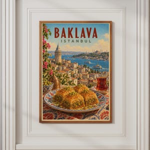 May include: A framed travel poster featuring the text BAKLAVA ISTANBUL. The illustration depicts a plate of layered baklava, a glass of tea, and a bowl of pistachios in the foreground, with a view of the Galata Tower and the Bosphorus.