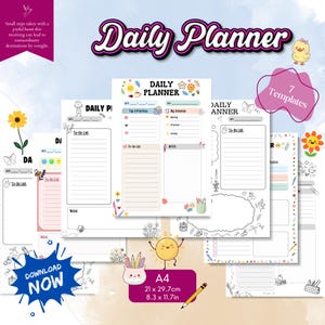 May include: A collection of seven A4 daily planner templates measuring 21 by 29.7 cm. The pages feature various layouts with sections for schedules, to-do lists, and notes, decorated with colourful illustrations of suns, flowers, and stationery items.
