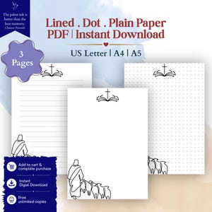 May include: Three digital paper templates in US Letter, A4, and A5 sizes featuring lined, dot grid, and plain layouts. Each page displays a black line art illustration of a cross over an open book at the top and a shepherd with sheep at the bottom.
