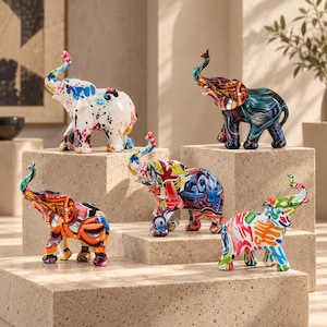 Figura decorativa de elefante con colores vibrantes para escritorio, estatua de elefante de resina con acabado a mano, adorno de mesa con estilo graffiti para exhibición en estantes del hogar.