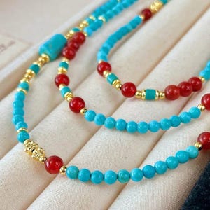 Vintage halsband i kinesisk stil med syntetisk turkos för kvinnor, nytt kinesiskt estetiskt lyxigt nischhalsband med röd agat, nyckelbenskedja