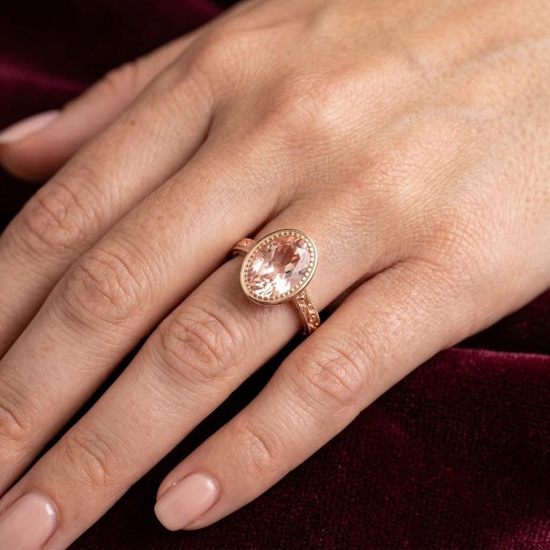 18K Solid Gold Vintage Oval Morganite Engagement Ring • Bezel Set Gold ...