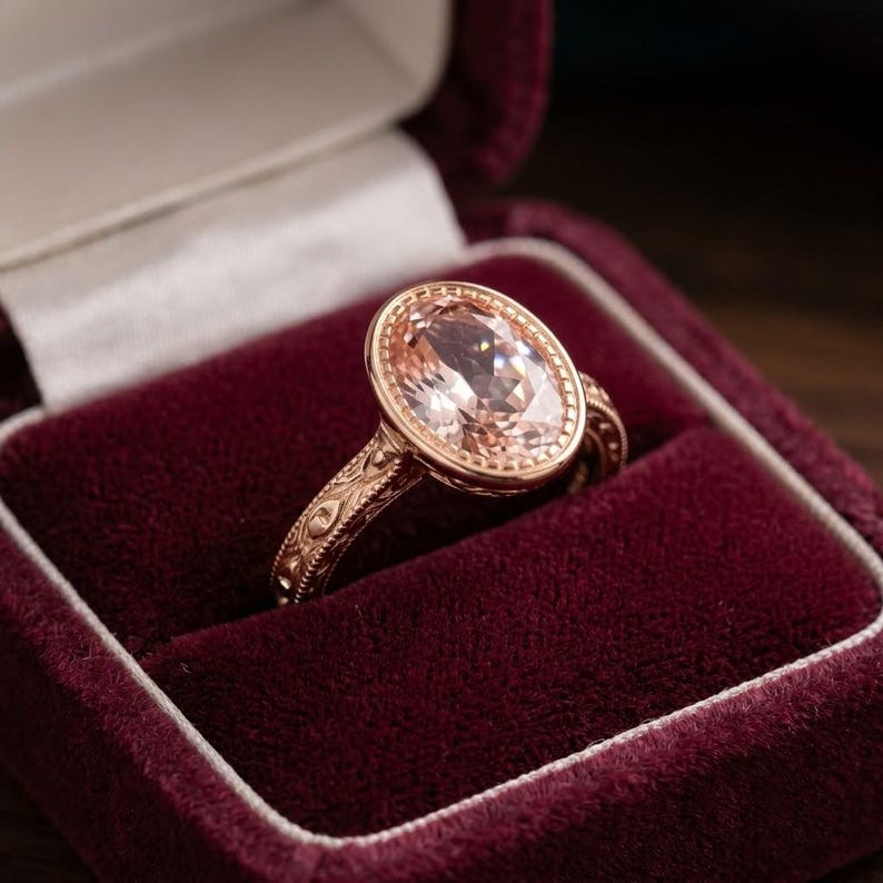 18K Solid Gold Vintage Oval Morganite Engagement Ring • Bezel Set Gold ...