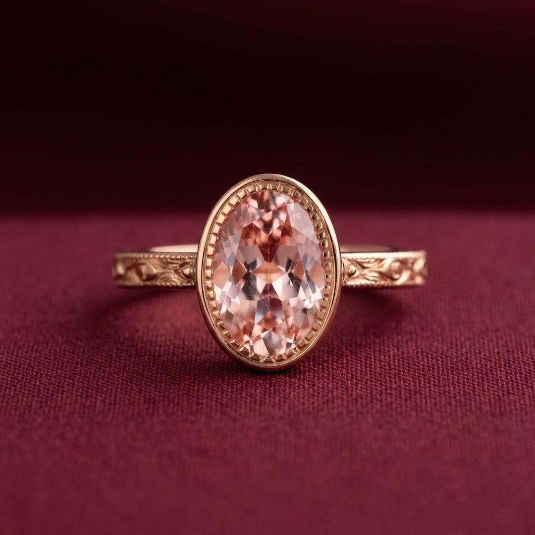 18K Solid Gold Vintage Oval Morganite Engagement Ring • Bezel Set Gold ...