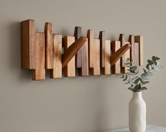 Solid Walnut Wood Piano Coat Rack, Wall Mounted Hidden Hooks, Handmade Entryway Wooden Hanger