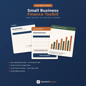 Könnte beinhalten: Ein 6-in-1 digitales Finanz-Toolkit für kleine Unternehmen mit Rechnung, Steuerschätzer und Produktverkaufs-Tracker. Die Benutzeroberfläche zeigt automatisch berechnende Formeln sowie drei enthaltene Farbthemen für Excel und Google Sheets.